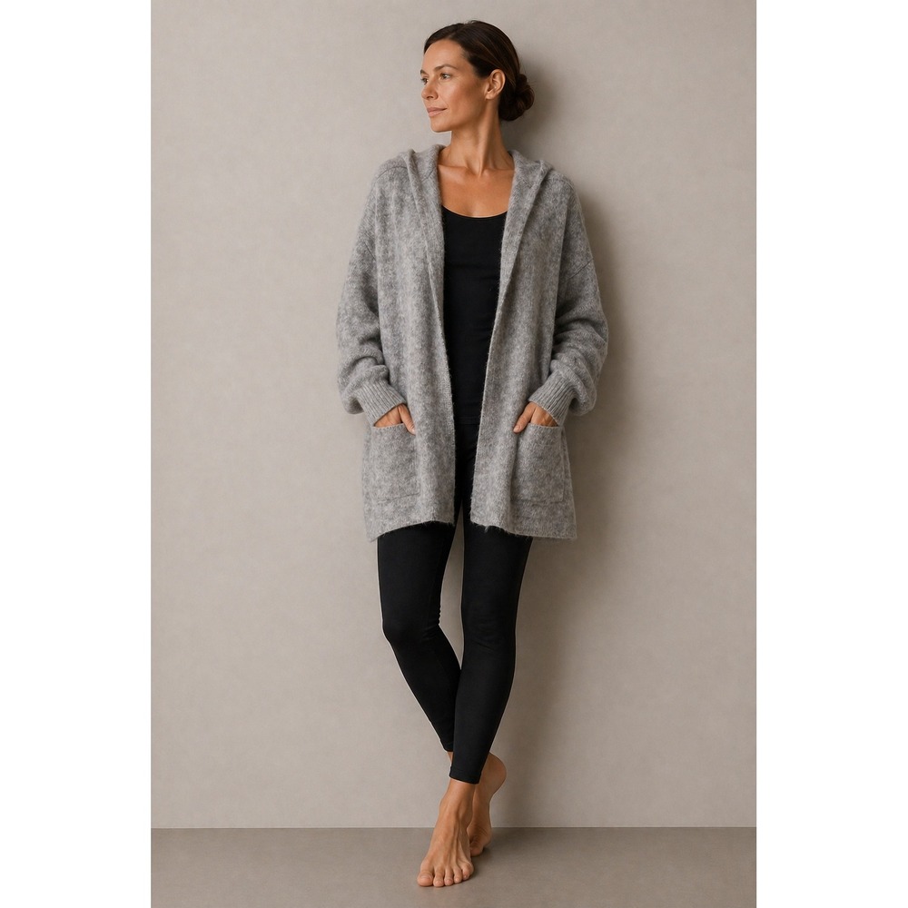 Beryll Hooded Open Front Cardigan Womens OS Grey Knit Balloon Sleeve Pocket‎